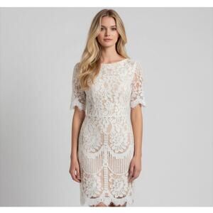 Lulus White Floral Lace Small Mini Dress Nude Lining Bridal Rehearsal Party Boho
